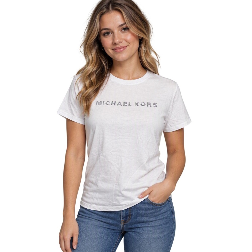 Michael Kors Womens T Shirt Sparkly Logo Size Large Y2K Bling Rhinestone Cowgirl